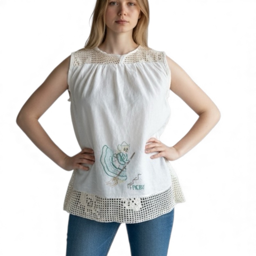 Handmade Summer Top from VTG Embroidered Tea Towel & Crocheted Detail | Med.